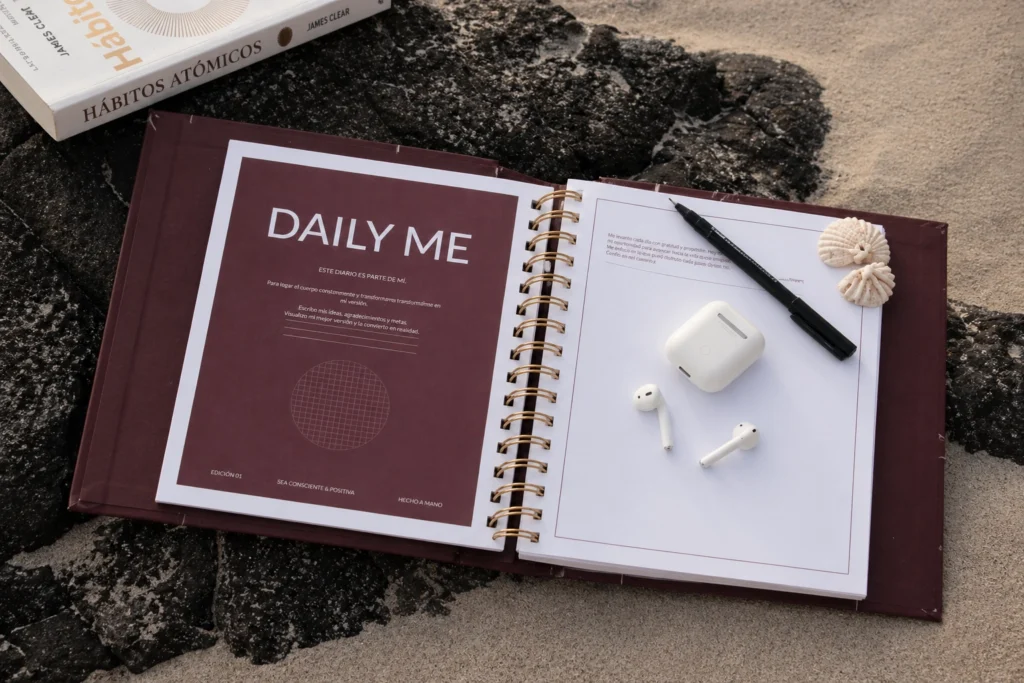 Daily Me Journal abierto en la playa con AirPods y pluma, journal de autoconocimiento edición física